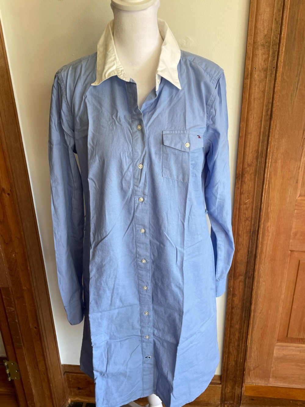 TOMMY HILFIGER Light Blue Long Sleeve Shirt Dress with White Collar M